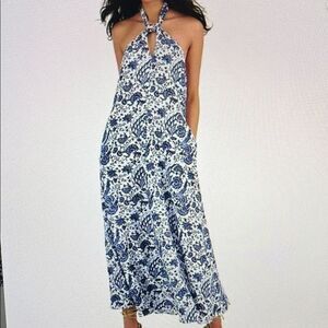 New! INC International Concepts Maxi Dress Blue Batik Pockets Halter Size Small